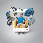 Cheerful man sitting on an armchair inside an app interface and doing online shopping, the items on sale are floating around him